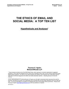 The Ethics of Email and Social Media: a Top Ten List Mcguirewoods LLP Hypotheticals and Analyses T