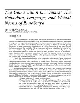 The Game Within the Games: the Behaviors, Language, and Virtual Norms of Runescape