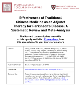 Effectiveness of Traditional Chinese Medicine As an Adjunct Therapy for Parkinson's Disease