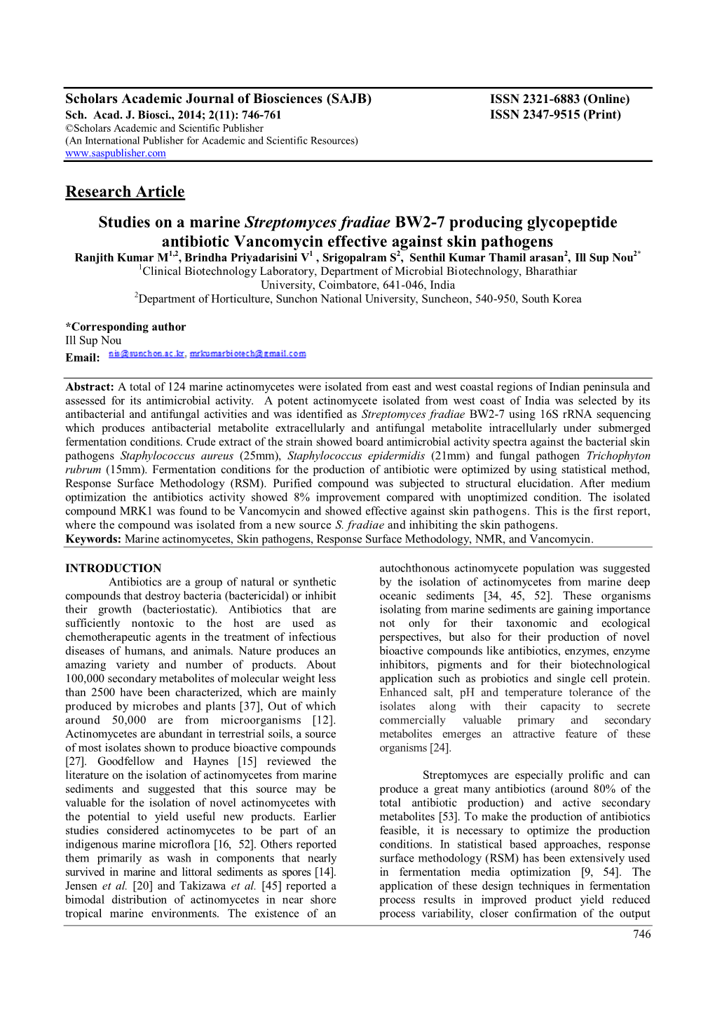 Research Article Studies on a Marine Streptomyces Fradiae BW2-7