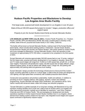 Hudson Pacific Properties and Blackstone to Develop Los Angeles Area Studio Facility