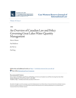 An Overview of Canadian Law and Policy Governing Great Lakes Water Quantity Management Marcia Valiante