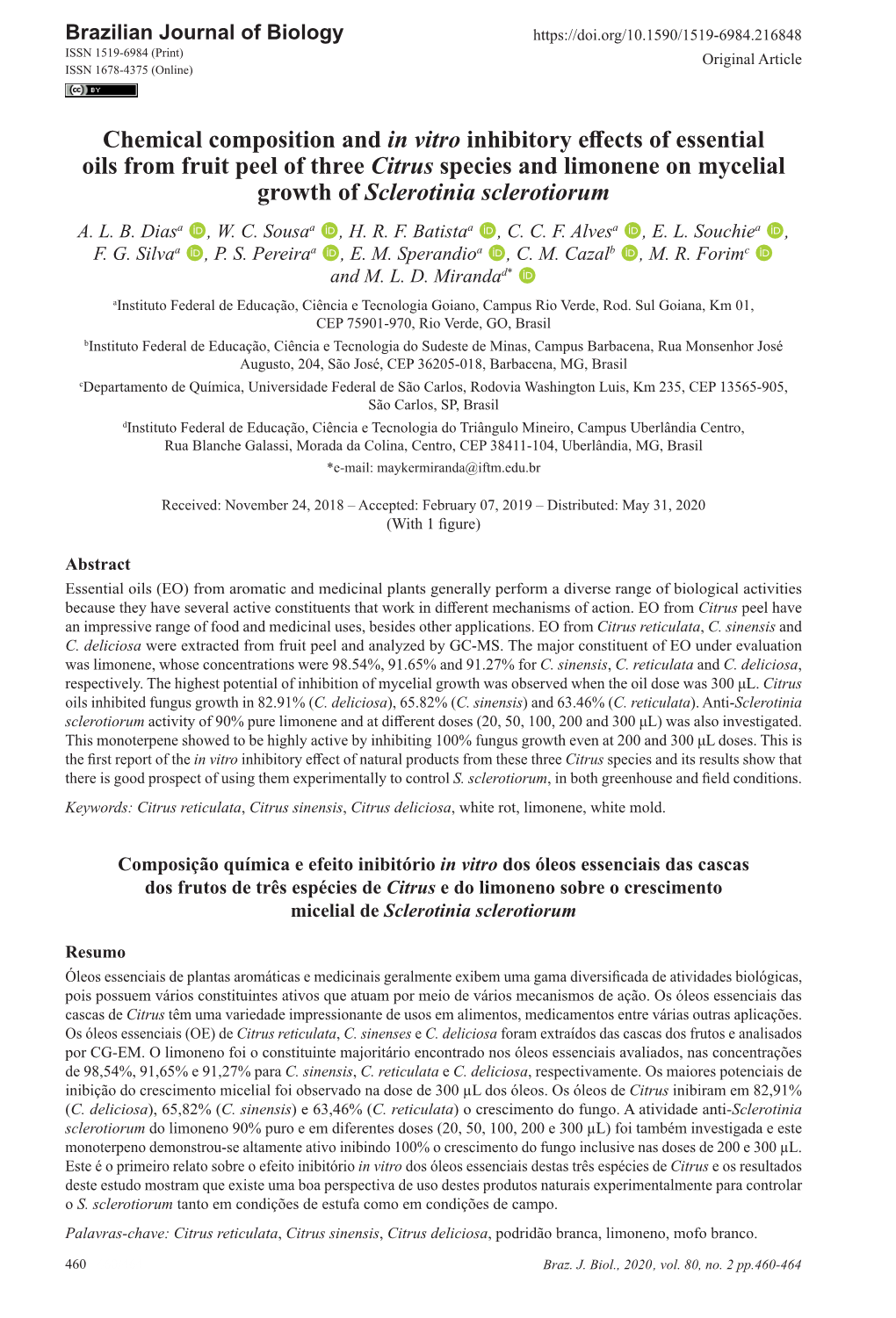 Chemical Composition and in Vitro Inhibitory Effects of Essential Oils from Fruit Peel of Three Citrus Species and Limonene on M