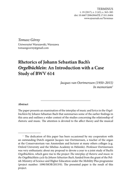 Rhetorics of Johann Sebastian Bach's Orgelbüchlein