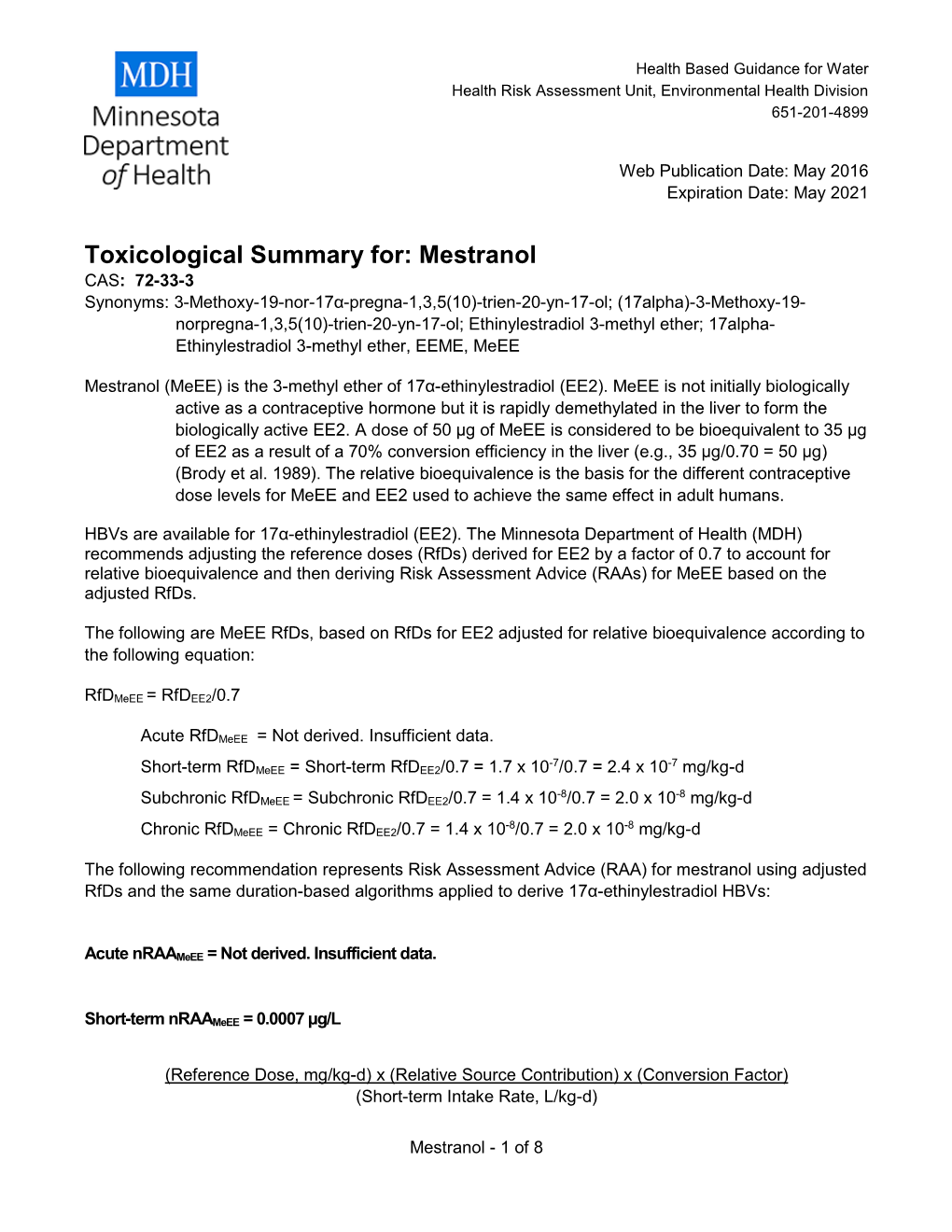 Toxicological Summary for Mestranol (PDF)