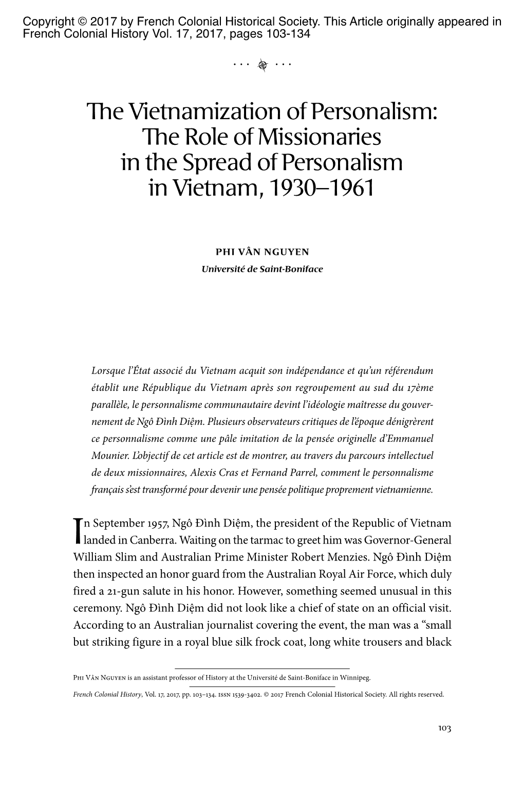 The Vietnamization of Personalism: the Role of Missionaries in the Spread of Personalism in Vietnam, 1930–­1961