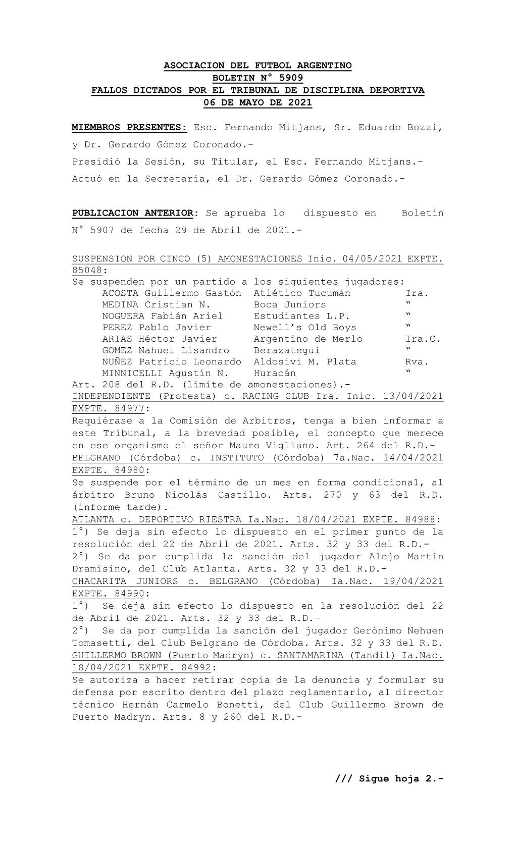 Asociacion Del Futbol Argentino Boletin N° 5909 Fallos Dictados Por El Tribunal De Disciplina Deportiva 06 De Mayo De 2021