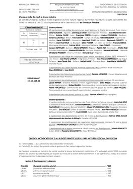 L'an Deux Mille Dix-Neuf, Le Trente Octobre, Le Comité Syndical Du Syndicat Mixte De Gestion Du Parc Naturel Régional Du Verdo