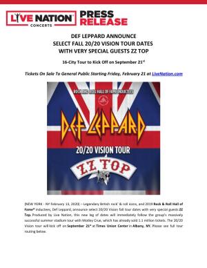 Def Leppard Announce Select Fall 20/20 Vision Tour Dates with Very Special Guests Zz Top