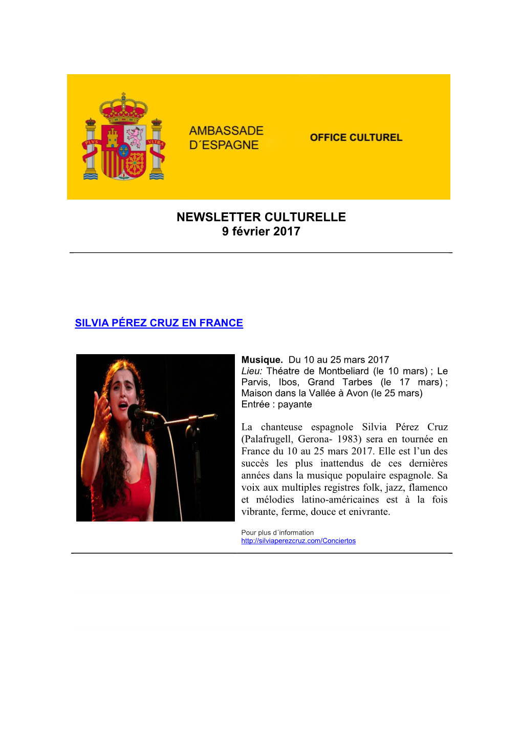 NEWSLETTER CULTURELLE 9 Février 2017