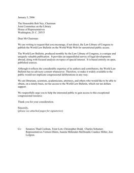 Letter to Congress Advocating Public Access to the World Law Bulletin