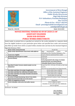 Notice Inviting Tender No-09 of 2020-21 of Assistant