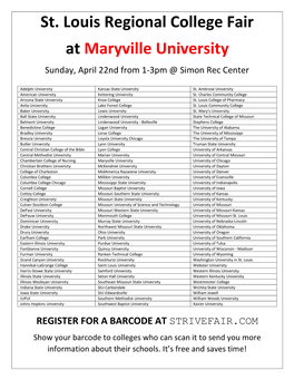 St. Louis Regional College Fair at Maryville University Sunday, April 22Nd from 1-3Pm @ Simon Rec Center