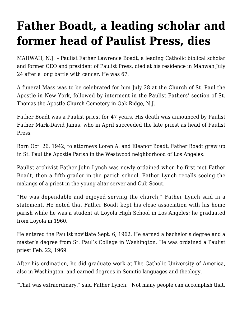 Father Boadt, a Leading Scholar and Former Head of Paulist Press, Dies