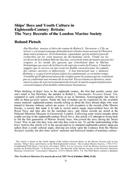 Ships' Boys and Youth Culture in Eighteenth-Century Britain: the Navy Recruits of the London Marine Society