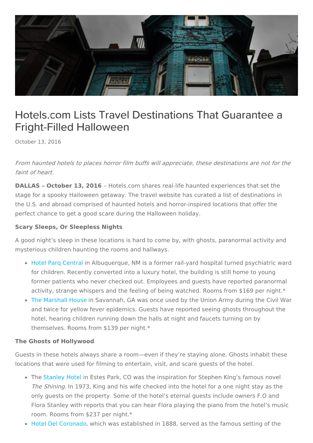 Hotels.Com Lists Travel Destinations That Guarantee a Fright-Filled Halloween