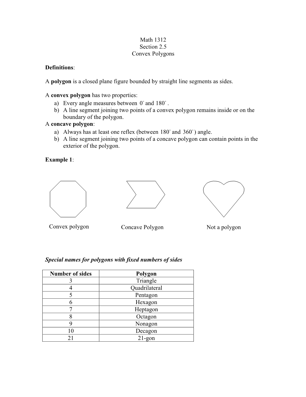 Math 1312 Section 2.5 Convex Polygons Definitions: a Polygon Is A