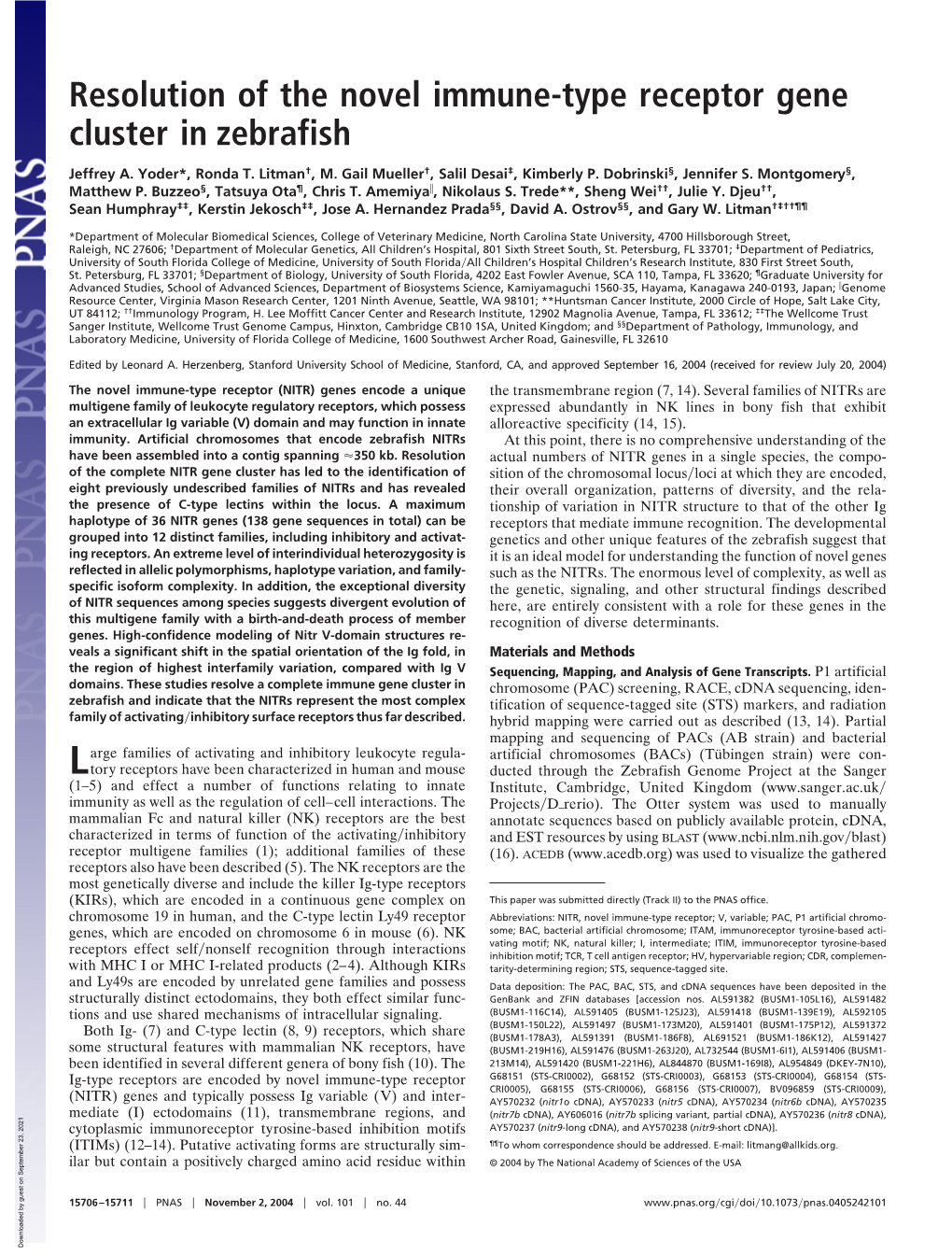 Resolution of the Novel Immune-Type Receptor Gene Cluster in Zebrafish