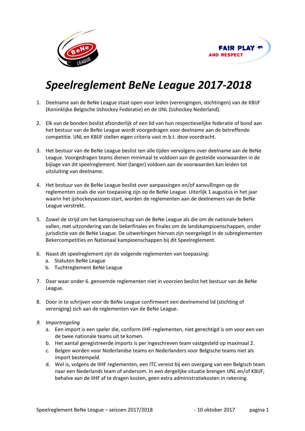 Speelreglement Bene League 2017-2018