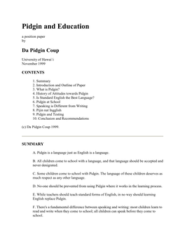 Pidgin and Education a Position Paper by Da Pidgin Coup