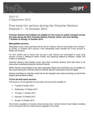 Free Travel for Seniors During the Victorian Seniors Festival 7 – 14 October 2012