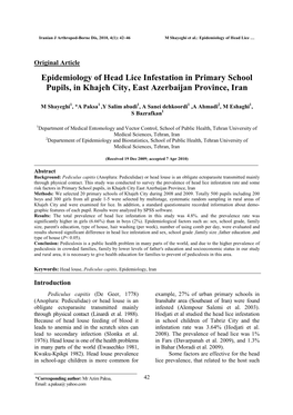 Epidemiology of Head Lice Infestation in Primary School Pupils, in Khajeh City, East Azerbaijan Province, Iran