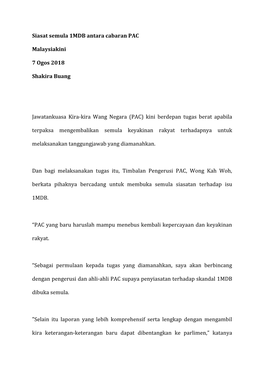 Siasat Semula 1MDB Antara Cabaran PAC Malaysiakini 7 Ogos 2018