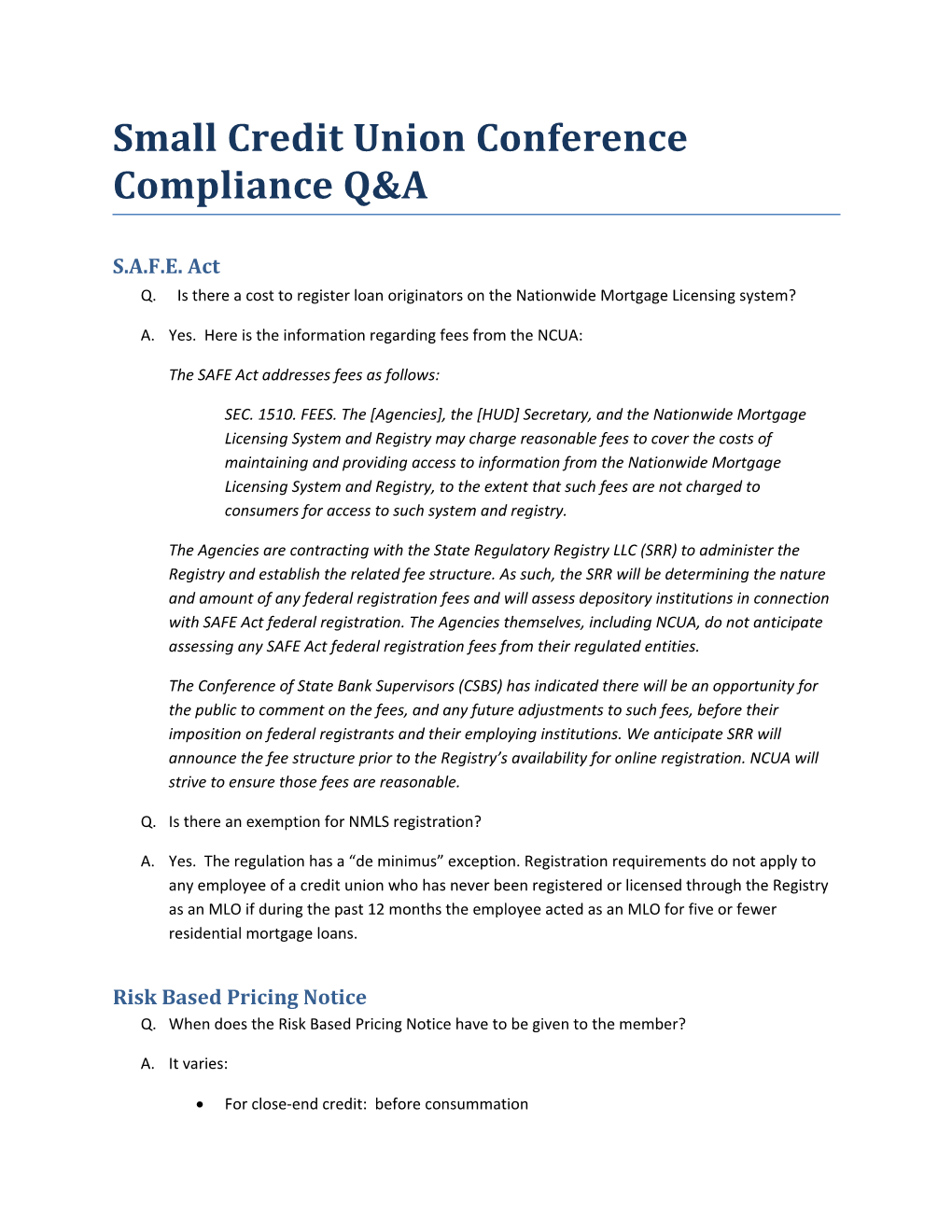 Small Credit Union Conference Compliance Q&A