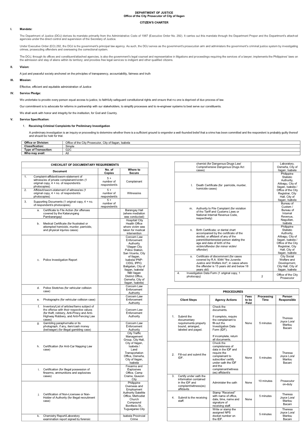 DEPARTMENT of JUSTICE Office of the City Prosecutor of City of Ilagan