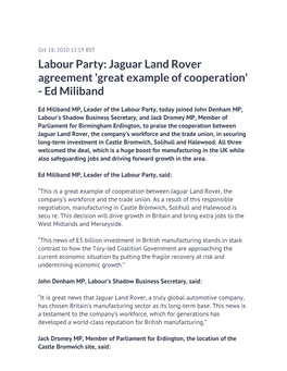 Labour Party: Jaguar Land Rover Agreement 'Great Example of Cooperation' - Ed Miliband