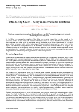 Introducing Green Theory in International Relations Written by Hugh Dyer