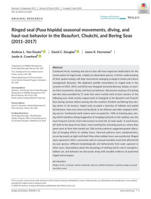 Ringed Seal (Pusa Hispida) Seasonal Movements, Diving, and Haul-Out Behavior in the Beaufort, Chukchi, and Bering Seas (2011–2017)