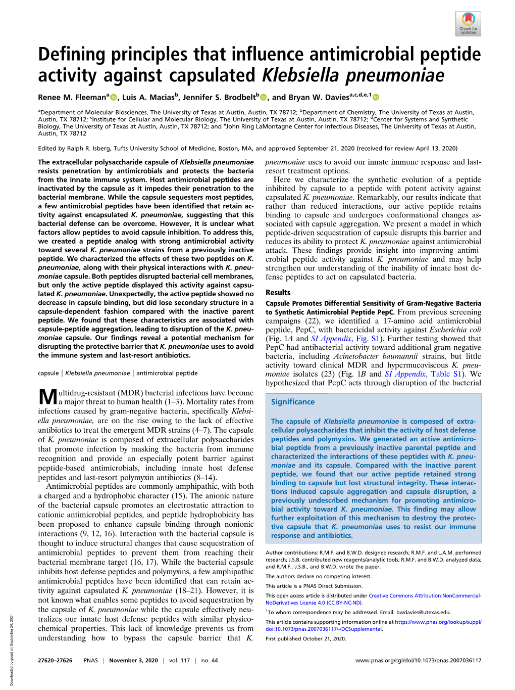 Defining Principles That Influence Antimicrobial Peptide Activity Against Capsulated Klebsiella Pneumoniae