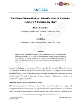ARTICLE the Hindu Philosophical and Scientific Views of 'Padārtha'