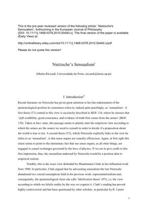 Nietzsche's Sensualism’, Forthcoming in the European Journal of Philosophy (DOI: 10.1111/J.1468-0378.2010.00440.X)