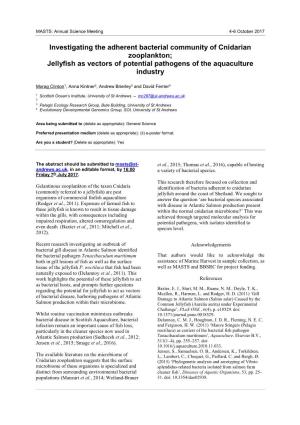 Investigating the Adherent Bacterial Community of Cnidarian Zooplankton; Jellyfish As Vectors of Potential Pathogens of the Aquaculture Industry