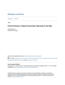 Paul & Schwartz: Federal Censorship: Obscenity in the Mail