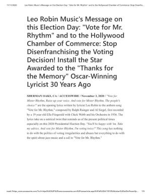 Leo Robin Music's Message on This Election Day: "Vote for Mr. Rhythm" and to the Hollywood Chamber of Commerce: Stop Disenfra…
