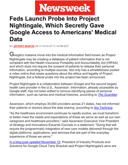 Feds Launch Probe Into Project Nightingale, Which Secretly Gave Google Access to Americans' Medical Data