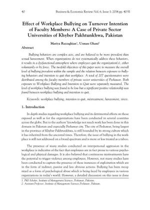 Effect of Workplace Bullying on Turnover Intention of Faculty Members: a Case of Private Sector Universities of Khyber Pakhtunkhwa, Pakistan