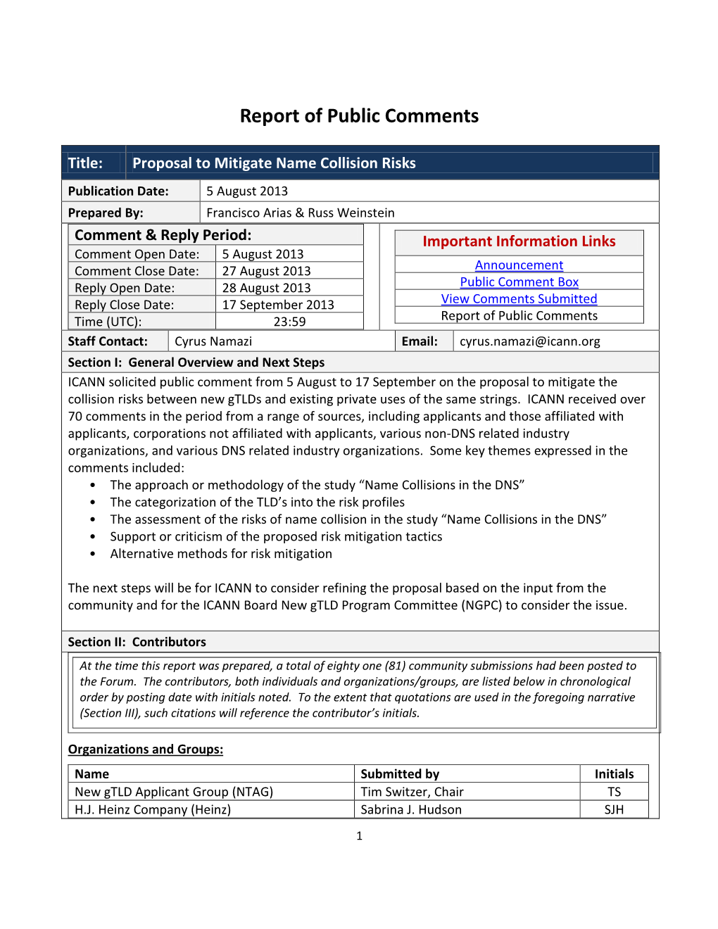 Report of Public Comments for the Proposal to Mitigate Name Collision