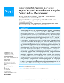 Environmental Stressors May Cause Equine Herpesvirus Reactivation in Captive Grévy’S Zebras (Equus Grevyi)