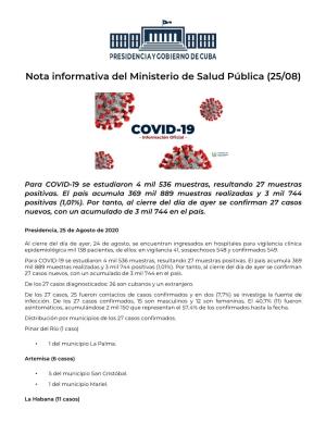 Nota Informativa Del Ministerio De Salud Pública (25/08)
