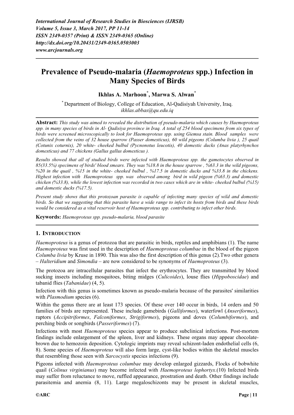 Haemoproteus Spp.) Infection in Many Species of Birds