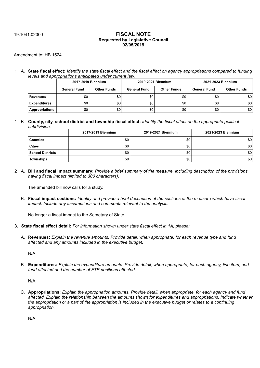 FISCAL NOTE Requested by Legislative Council 02/05/2019