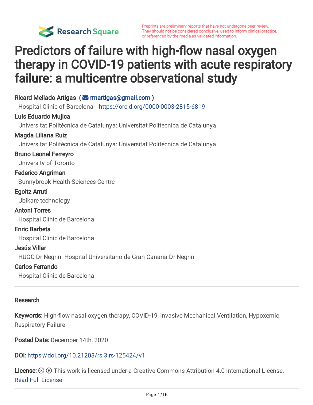 Predictors of Failure with High- Ow Nasal Oxygen Therapy in COVID-19