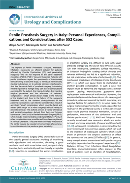 Penile Prosthesis Surgery in Italy: Personal Experiences, Compli- Cations and Considerations After 552 Cases Diego Pozza1*, Mariangela Pozza1 and Carlotta Pozza2