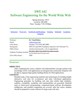 SWE 642 Software Engineering for the World Wide Web