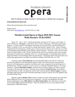 Florida Grand Opera to Open 2010-2011 Season with Puccini's