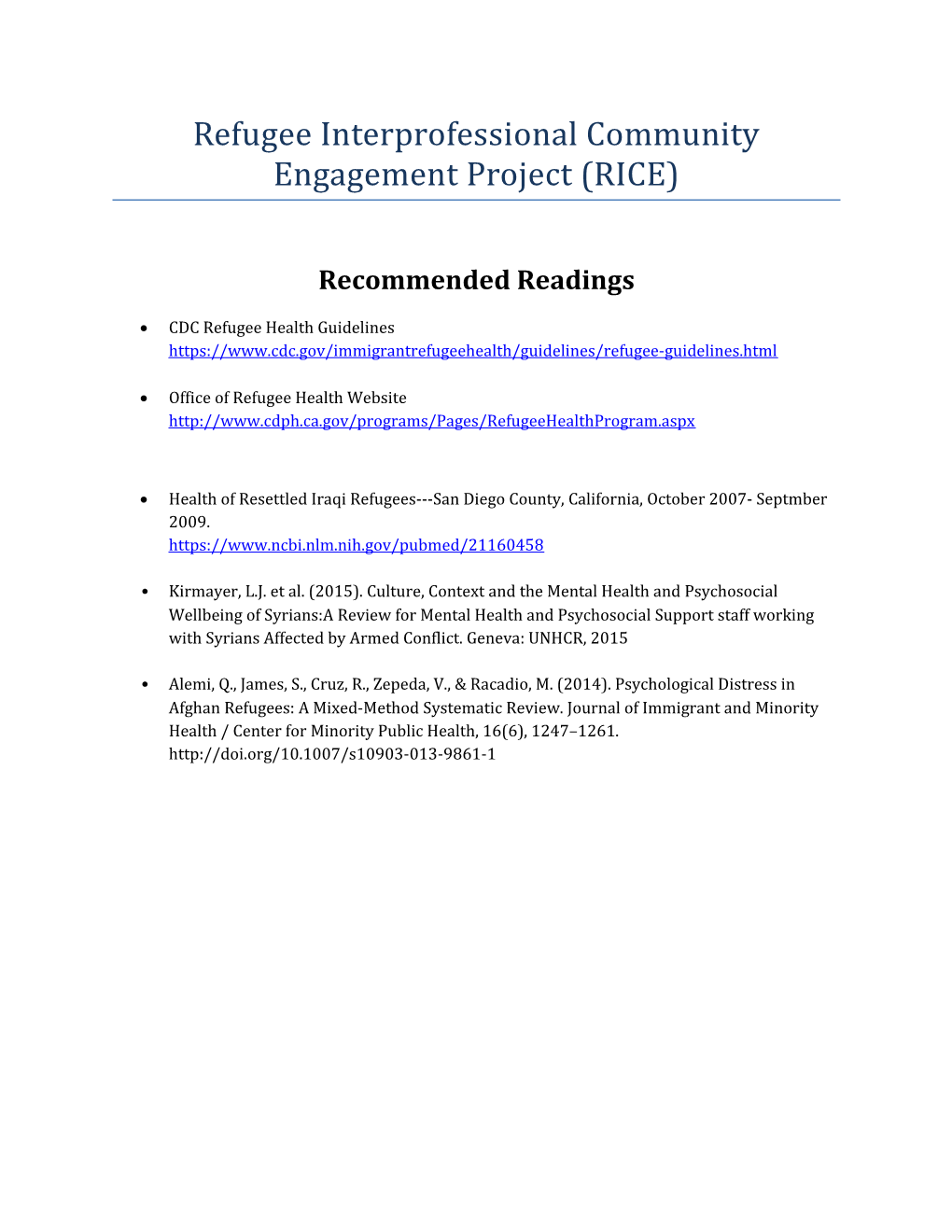 Refugee Interprofessional Community Engagement Project (RICE)